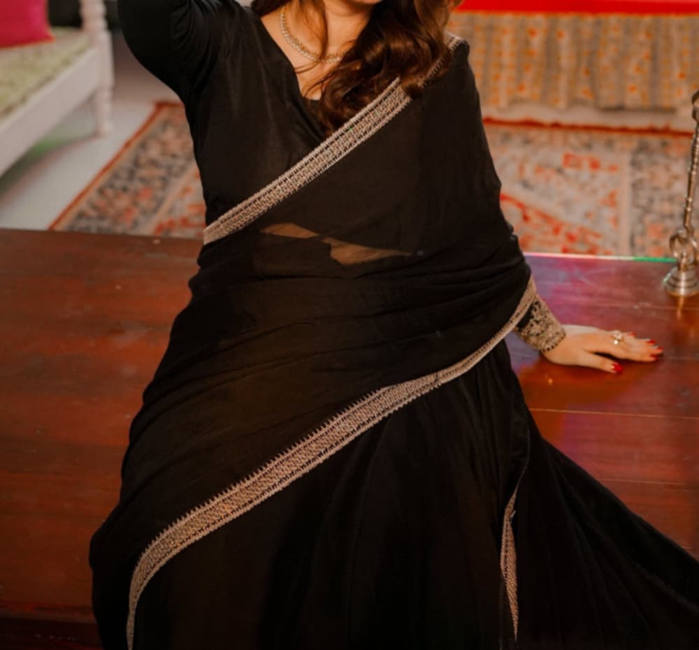 SAAYA Black Chiffon Saree with Designer Embroidered Blouse – Timeless Traditional Outfit