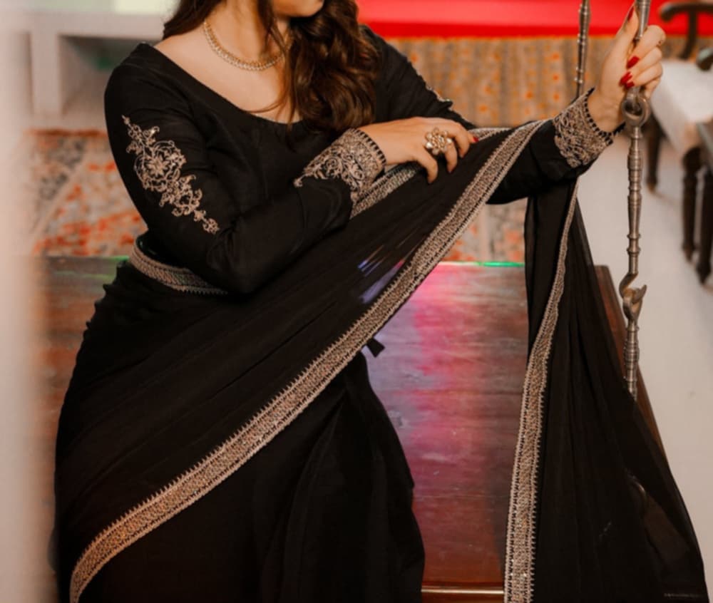 SAAYA Black Chiffon Saree with Designer Embroidered Blouse – Timeless Traditional Outfit