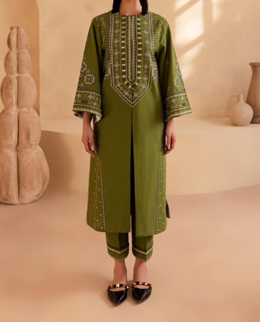 Batik Green Khaddar Embroidered 2-Piece Dress WKwears Batik Green Khaddar Embroidered 2-Piece Dress WKwears