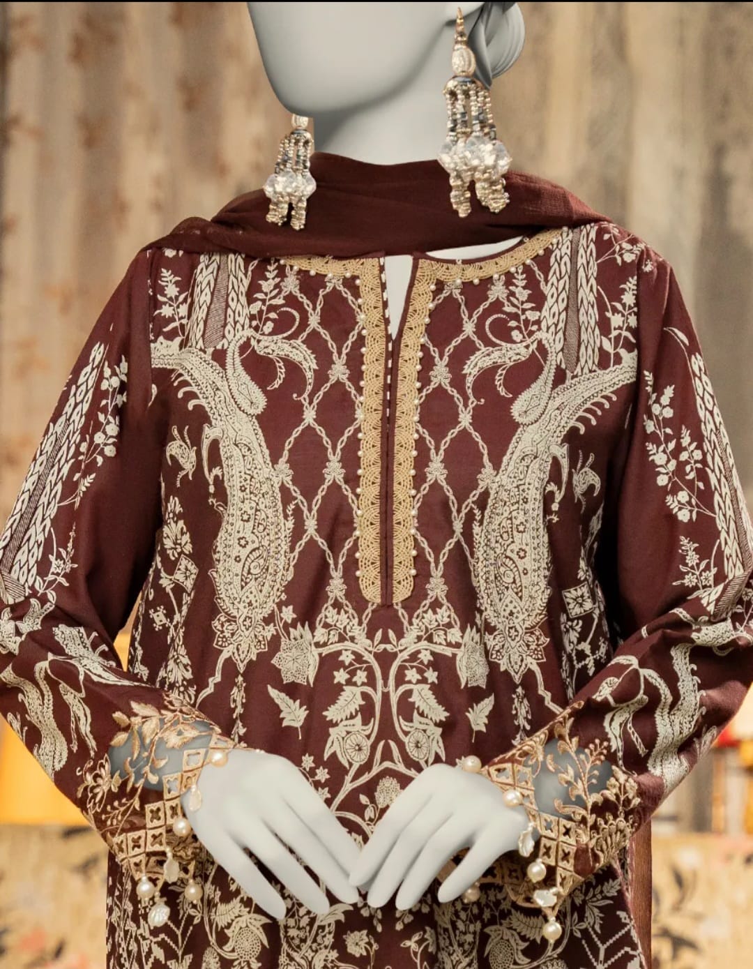 Junaid Jamshed 3 piece Stitched Brown Cotton Silk Dress