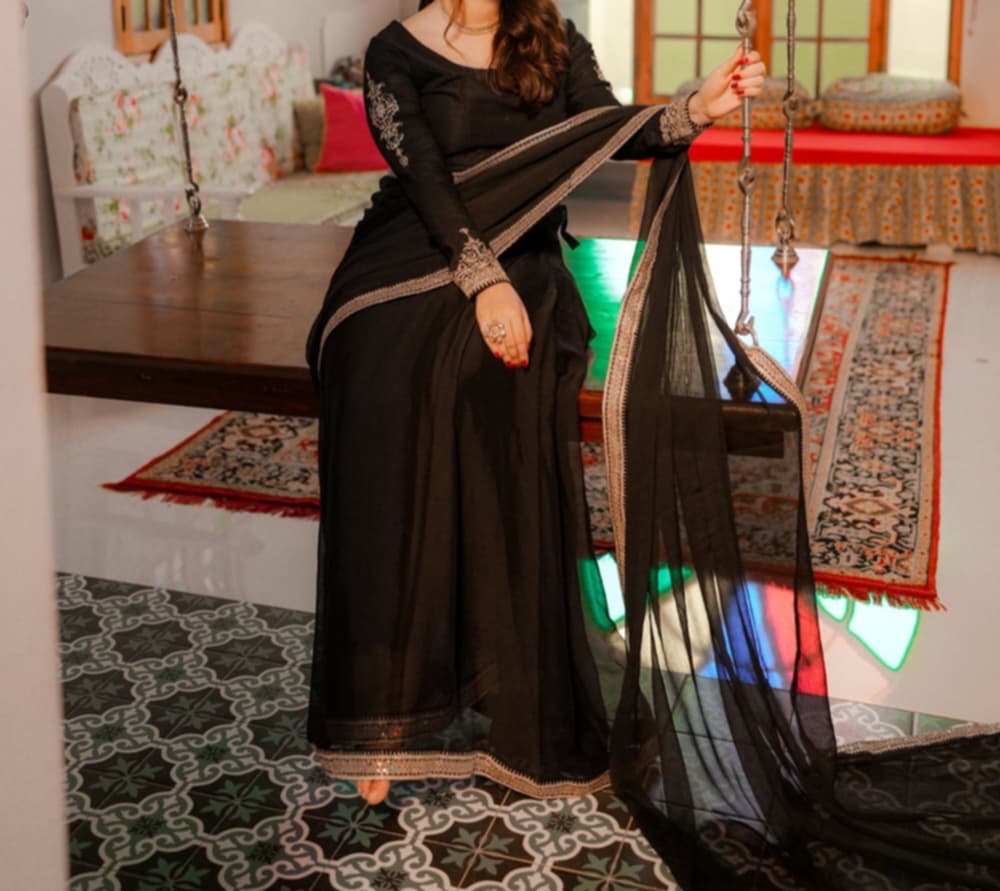 SAAYA Black Chiffon Saree with Designer Embroidered Blouse – Timeless Traditional Outfit