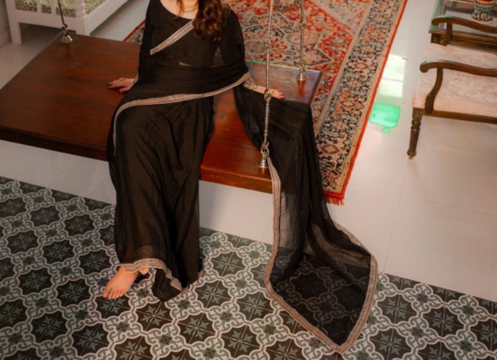 SAAYA Black Chiffon Saree with Designer Embroidered Blouse – Timeless Traditional Outfit