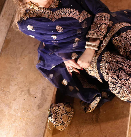 Luxury Dark Blue Chiffon Gharara Set with Organza Dupatta & Potli (4 Piece) by Haseens.