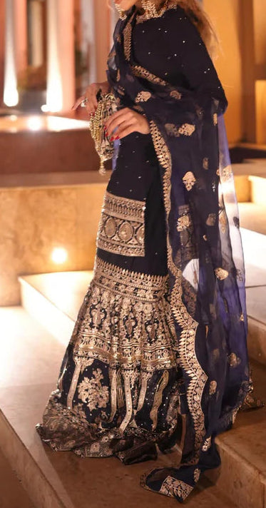 Luxury Dark Blue Chiffon Gharara Set with Organza Dupatta & Potli (4 Piece) by Haseens.
