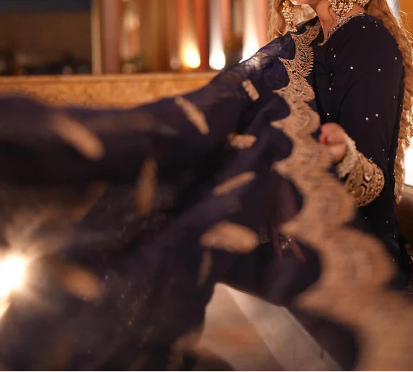 Luxury Dark Blue Chiffon Gharara Set with Organza Dupatta & Potli (4 Piece) by Haseens.