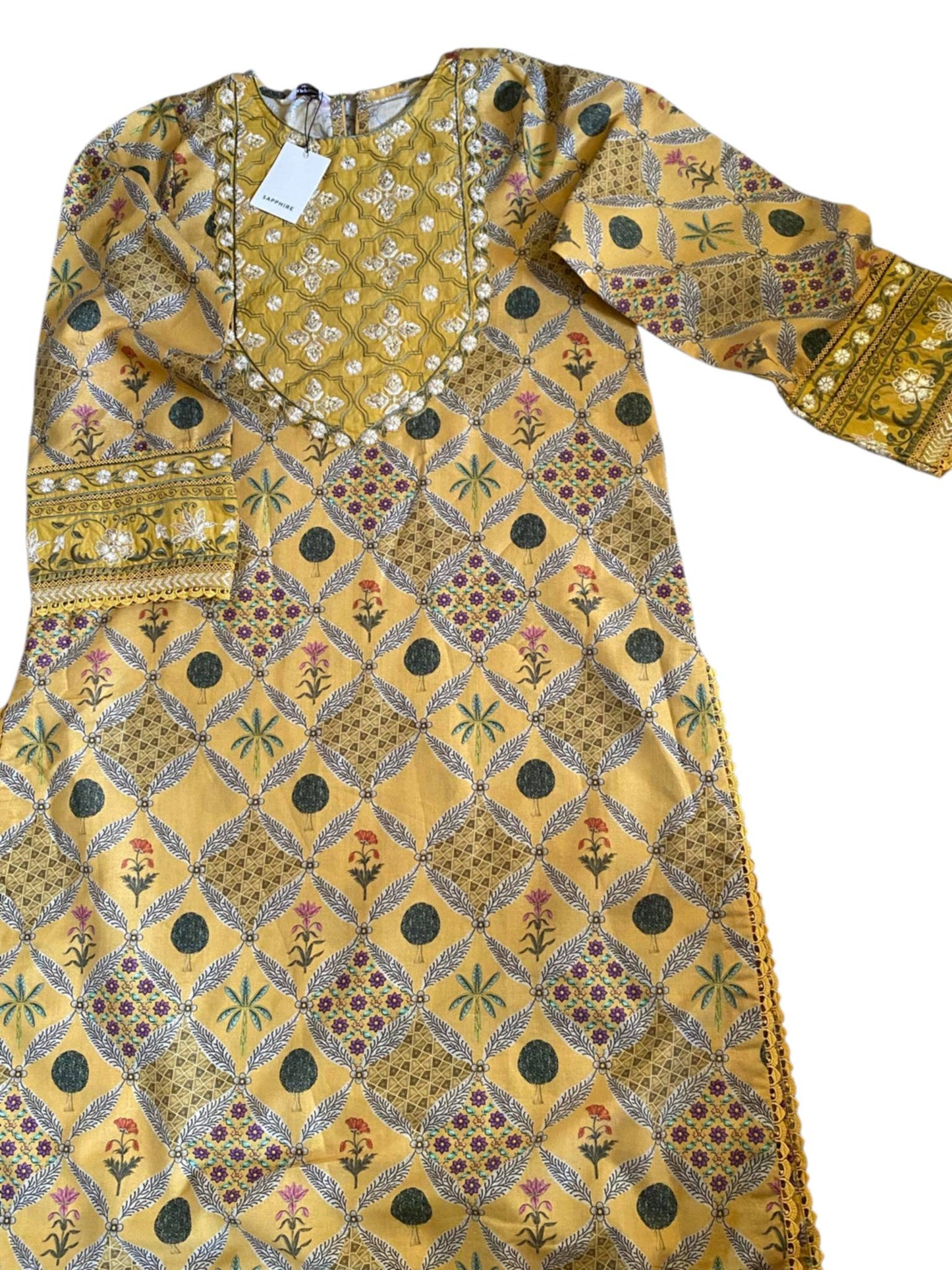 Sapphire Yellow Printed Fancy Cotton Shirt with Embroidered Front & Cambric Culottes – 2 Piece
