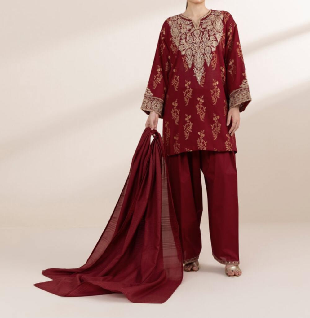 Sapphire Maroon Tilla-Embroidered Jacquard Boxy Top