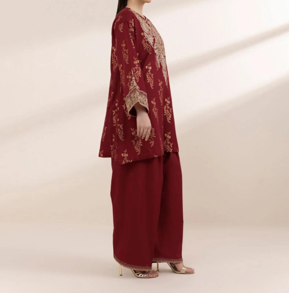 Sapphire Maroon Tilla-Embroidered Jacquard Boxy Top