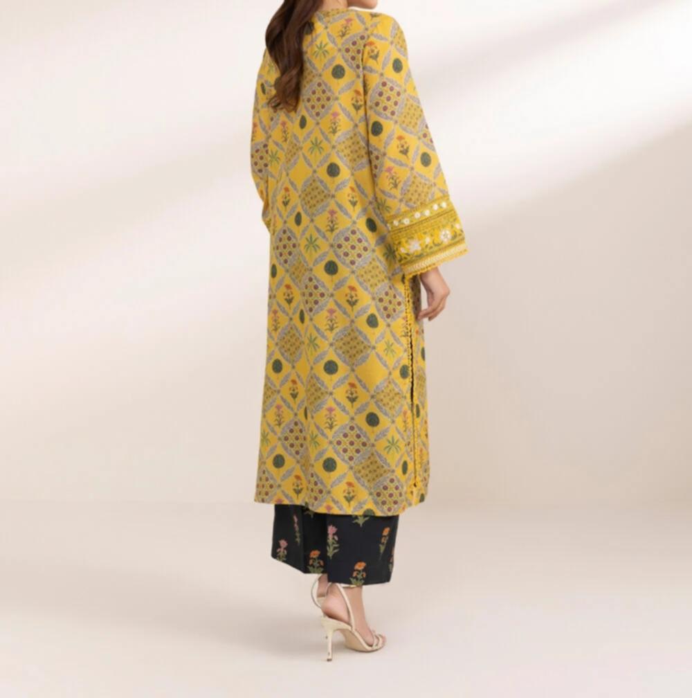 Sapphire Yellow Printed Fancy Cotton Shirt with Embroidered Front & Cambric Culottes – 2 Piece
