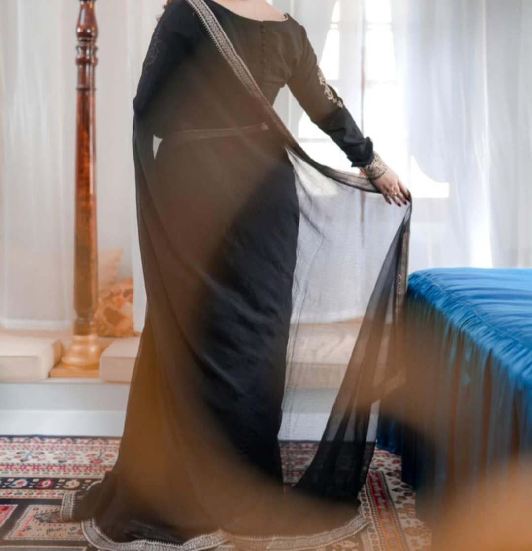 SAAYA Black Chiffon Saree with Designer Embroidered Blouse – Timeless Traditional Outfit