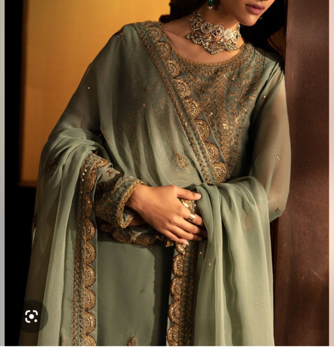 Asim Jofa Embroidered Sage Green 3-Piece Chiffon Suit – Premium Formal Wear