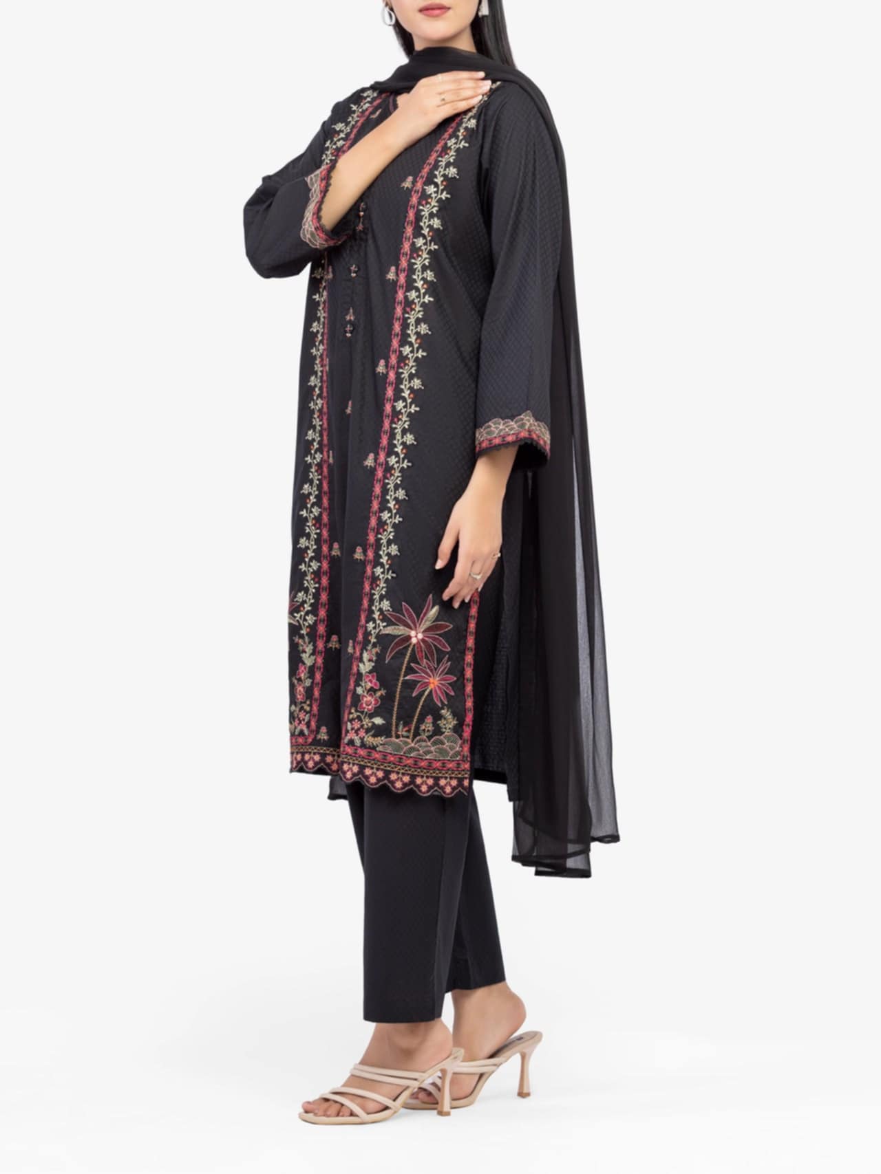Edenrobe Black Embroidered 3-Piece Dobby Suit