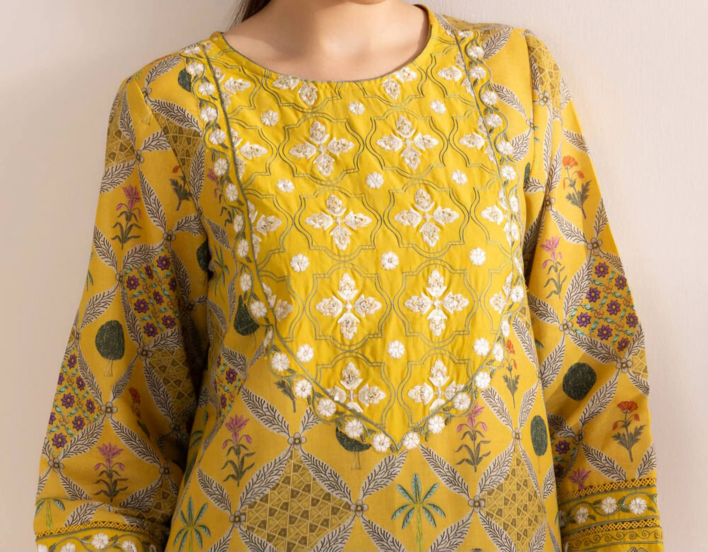 Sapphire Yellow Printed Fancy Cotton Shirt with Embroidered Front & Cambric Culottes – 2 Piece