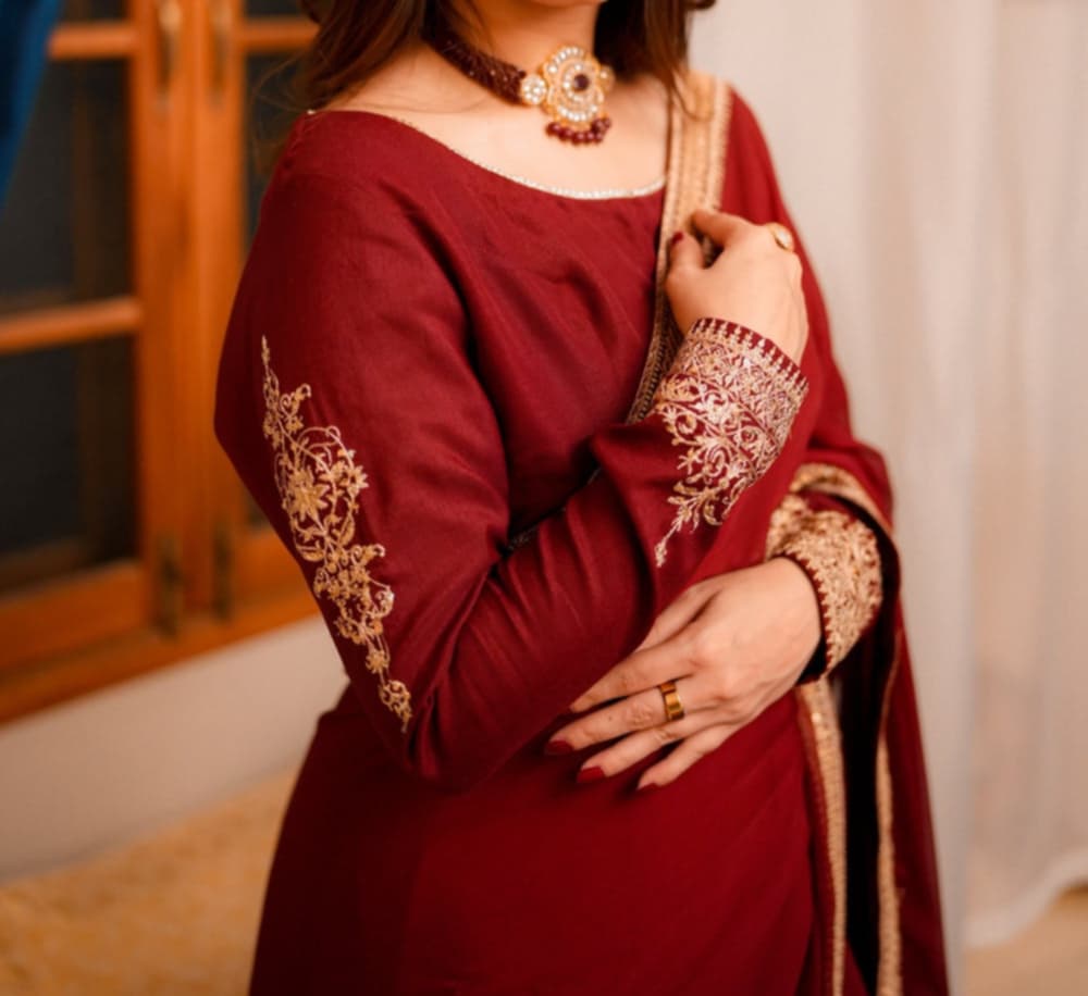 Maroon Chiffon Saree – Raqeeb | Party & Wedding Saree with Embroidery