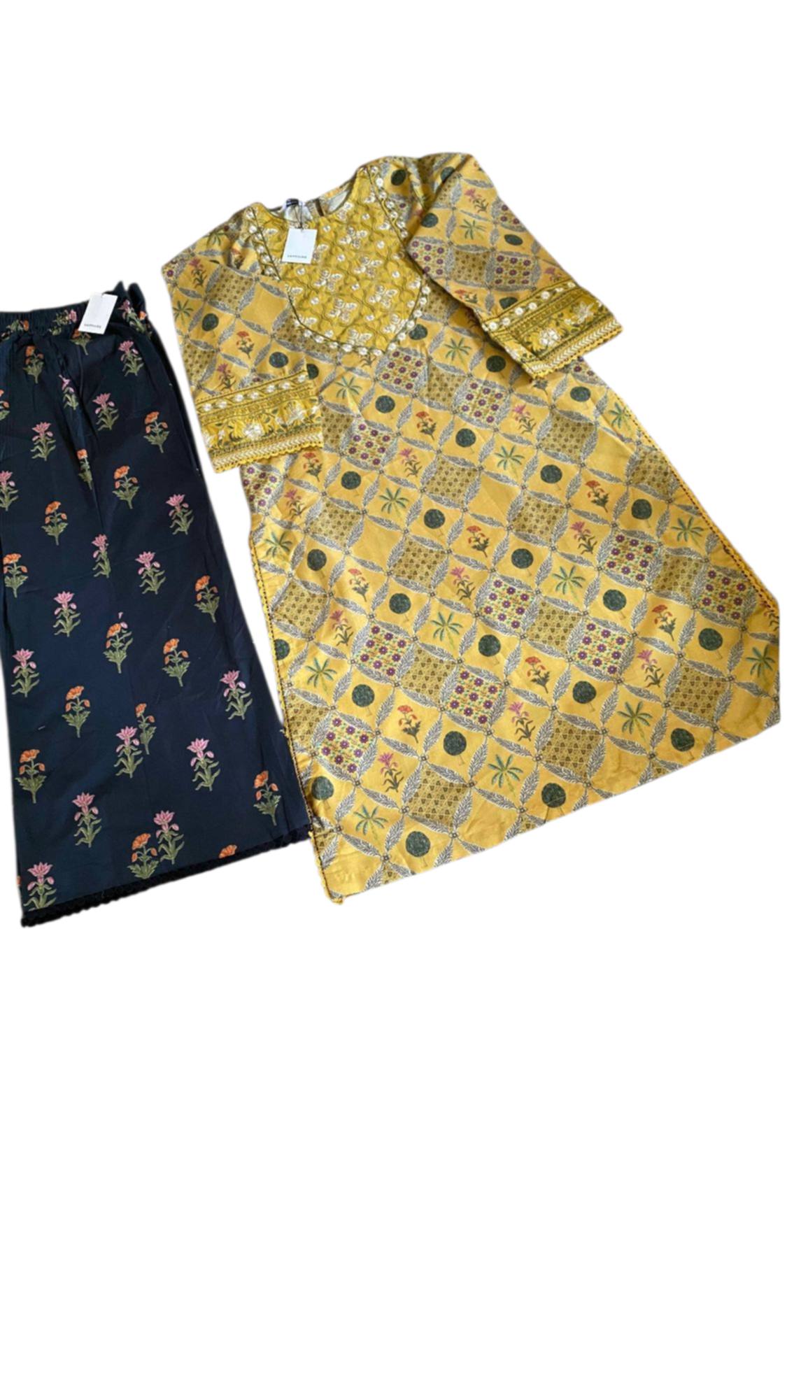 Sapphire Yellow Printed Fancy Cotton Shirt with Embroidered Front & Cambric Culottes – 2 Piece