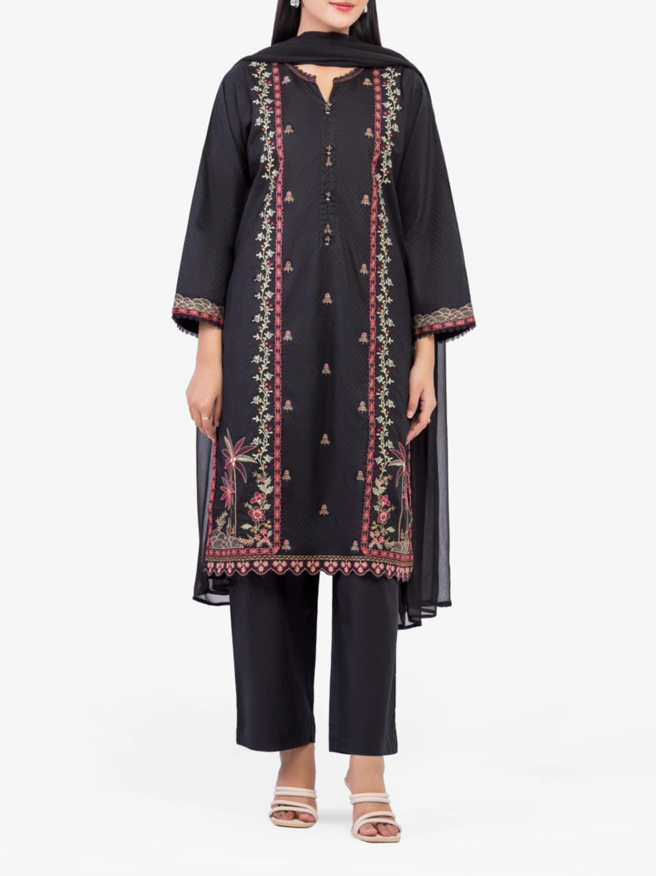 Edenrobe Black Embroidered 3-Piece Dobby Suit
