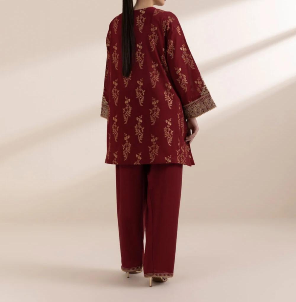 Sapphire Maroon Tilla-Embroidered Jacquard Boxy Top