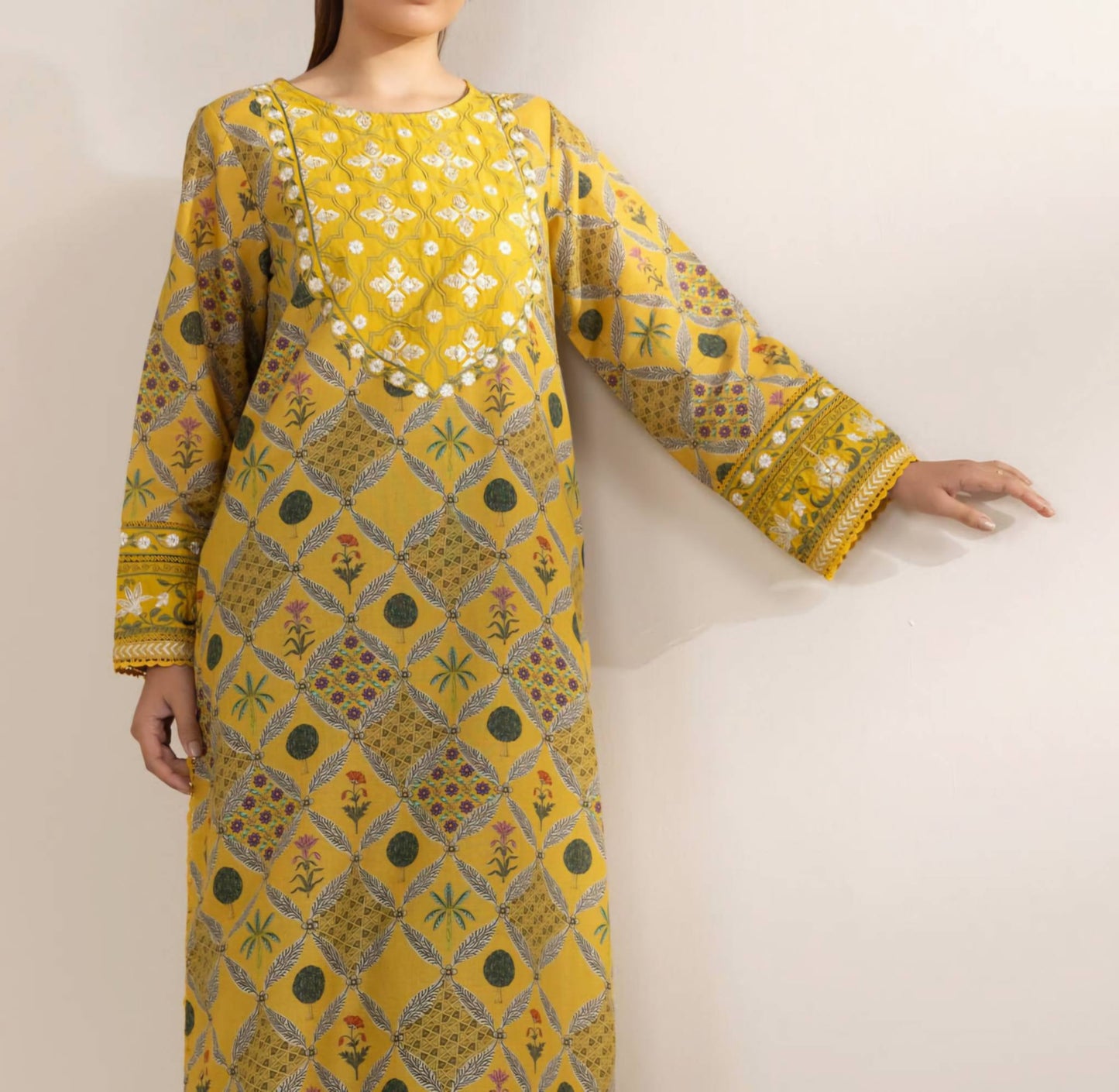 Sapphire Yellow Printed Fancy Cotton Shirt with Embroidered Front & Cambric Culottes – 2 Piece