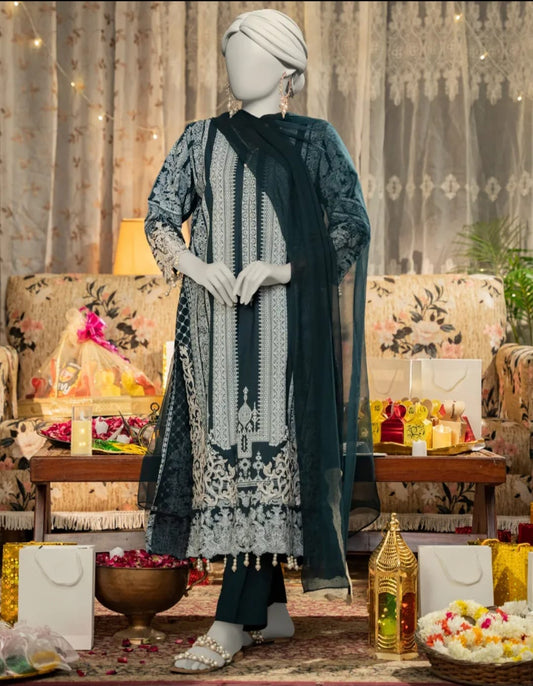 Junaid Jamshed 3 piece Stitched Cotton Silk Embrioded Dress
