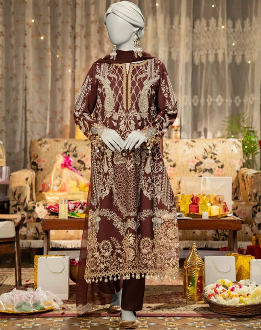 Junaid Jamshed 3 piece Stitched Brown Cotton Silk Dress