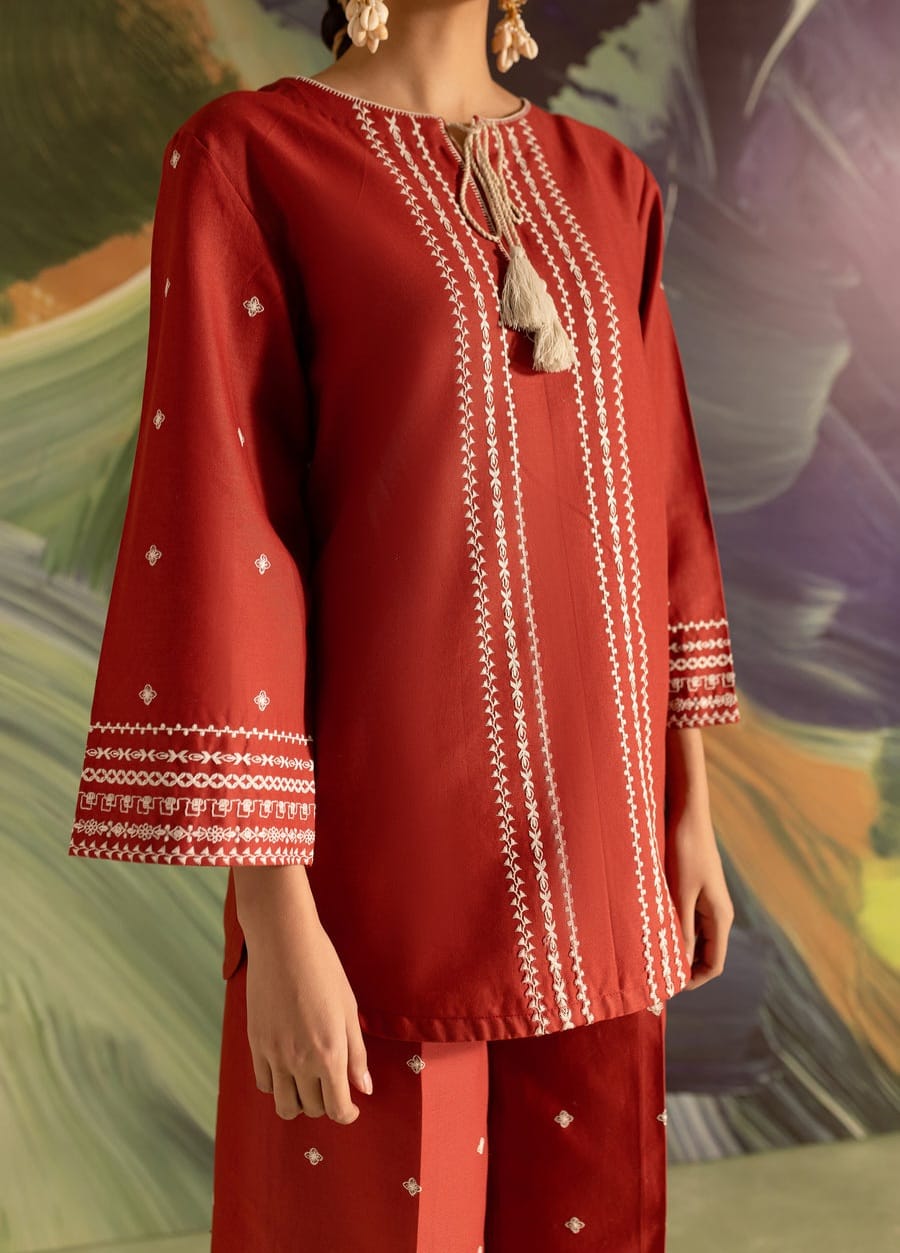 Batik Brick 2-Piece Embroidered Khaddar Dress – Rust