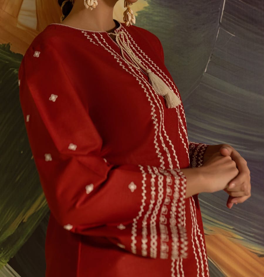 Batik Brick 2-Piece Embroidered Khaddar Dress – Rust