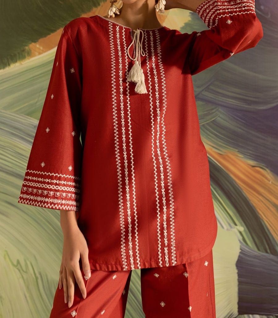 Batik Brick 2-Piece Embroidered Khaddar Dress – Rust