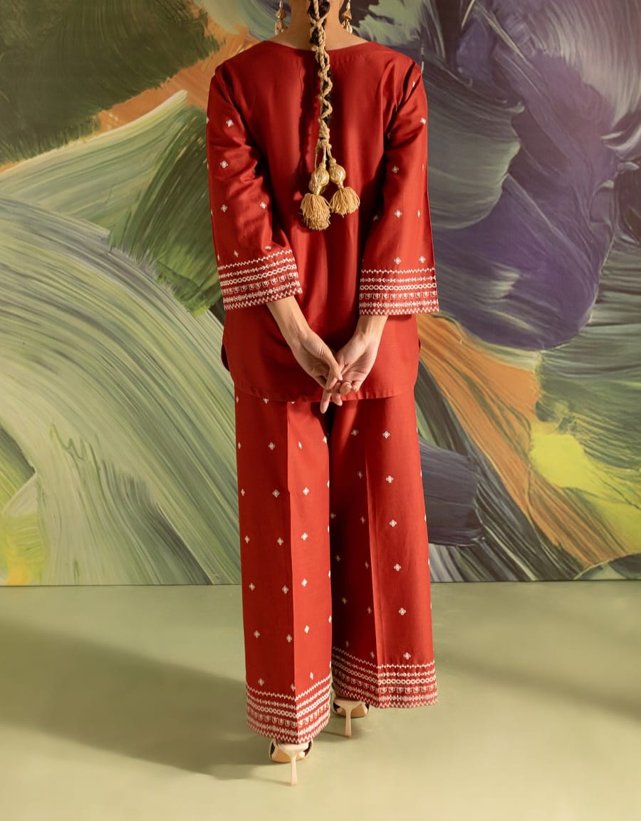 Batik Brick 2-Piece Embroidered Khaddar Dress – Rust