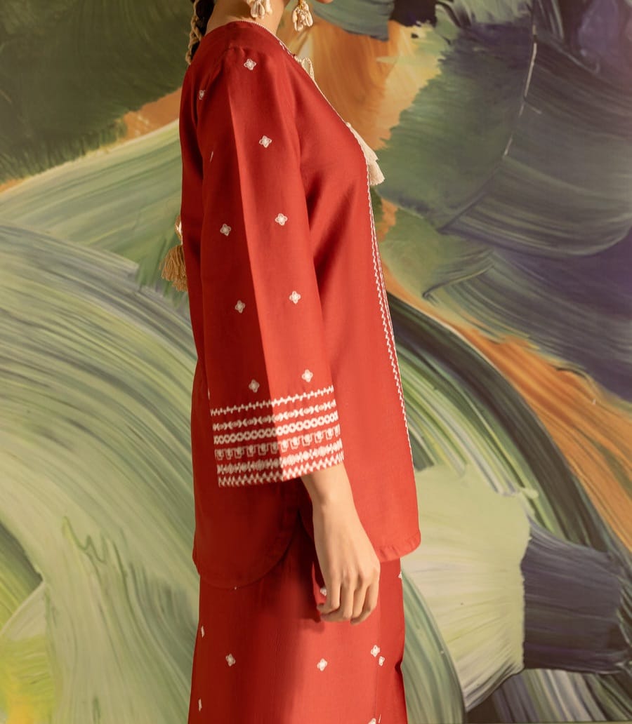 Batik Brick 2-Piece Embroidered Khaddar Dress – Rust