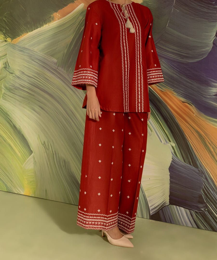 Batik Brick 2-Piece Embroidered Khaddar Dress – Rust