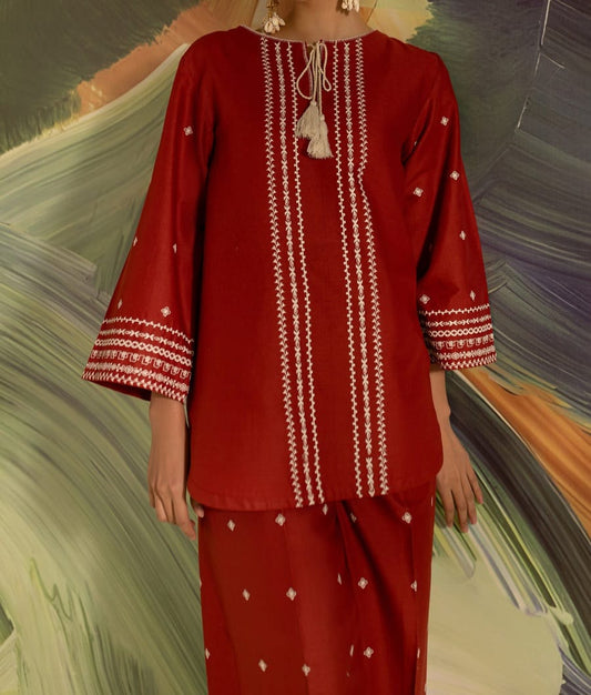 Batik Brick 2-Piece Embroidered Khaddar Dress – Rust