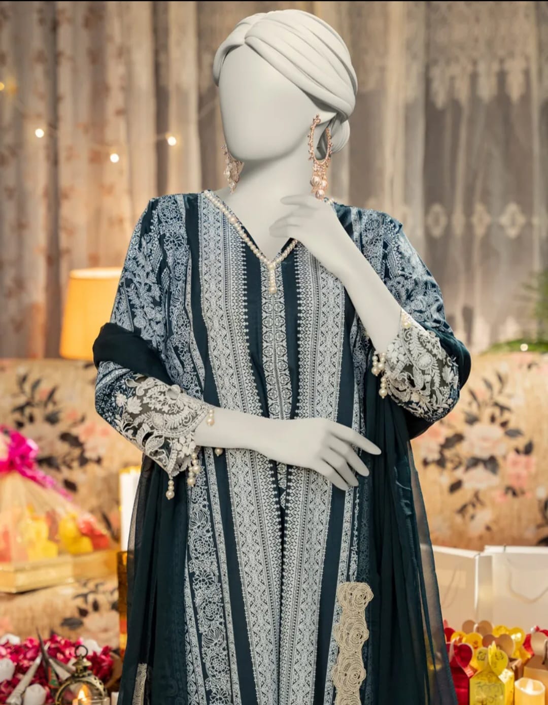 Junaid Jamshed 3 piece Stitched Cotton Silk Embrioded Dress