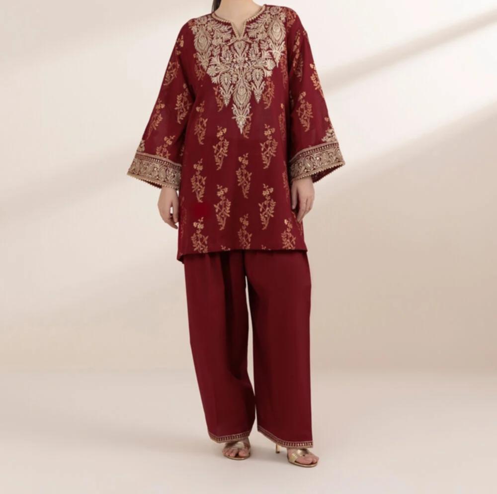 Sapphire Maroon Tilla-Embroidered Jacquard Boxy Top