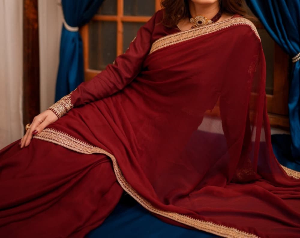 Maroon Chiffon Saree – Raqeeb | Party & Wedding Saree with Embroidery