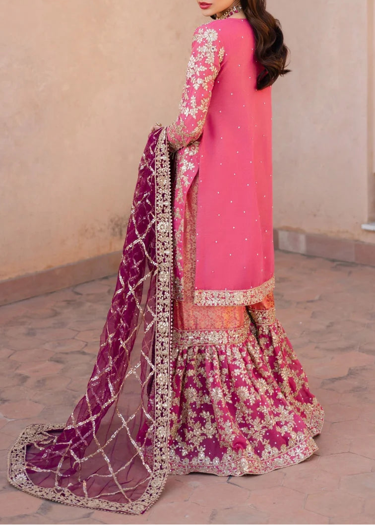 Haseens Formal Dress   Coral Pink Chiffon Flared Gharara Set (4 Piece)