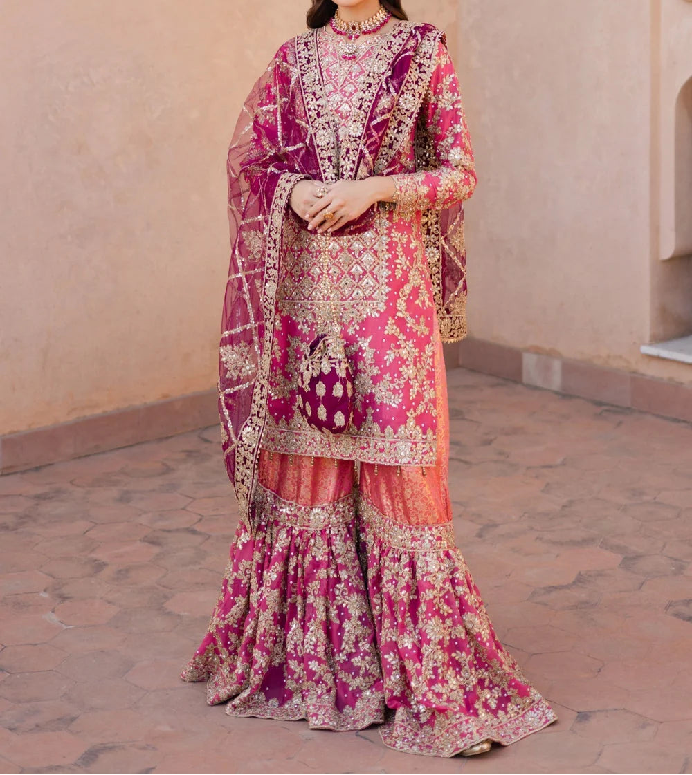 Haseens Formal Dress   Coral Pink Chiffon Flared Gharara Set (4 Piece)