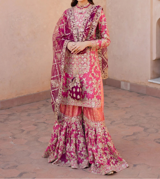 Haseens Formal Dress   Coral Pink Chiffon Flared Gharara Set (4 Piece)