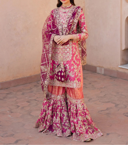 Haseens Formal Dress   Coral Pink Chiffon Flared Gharara Set (4 Piece)