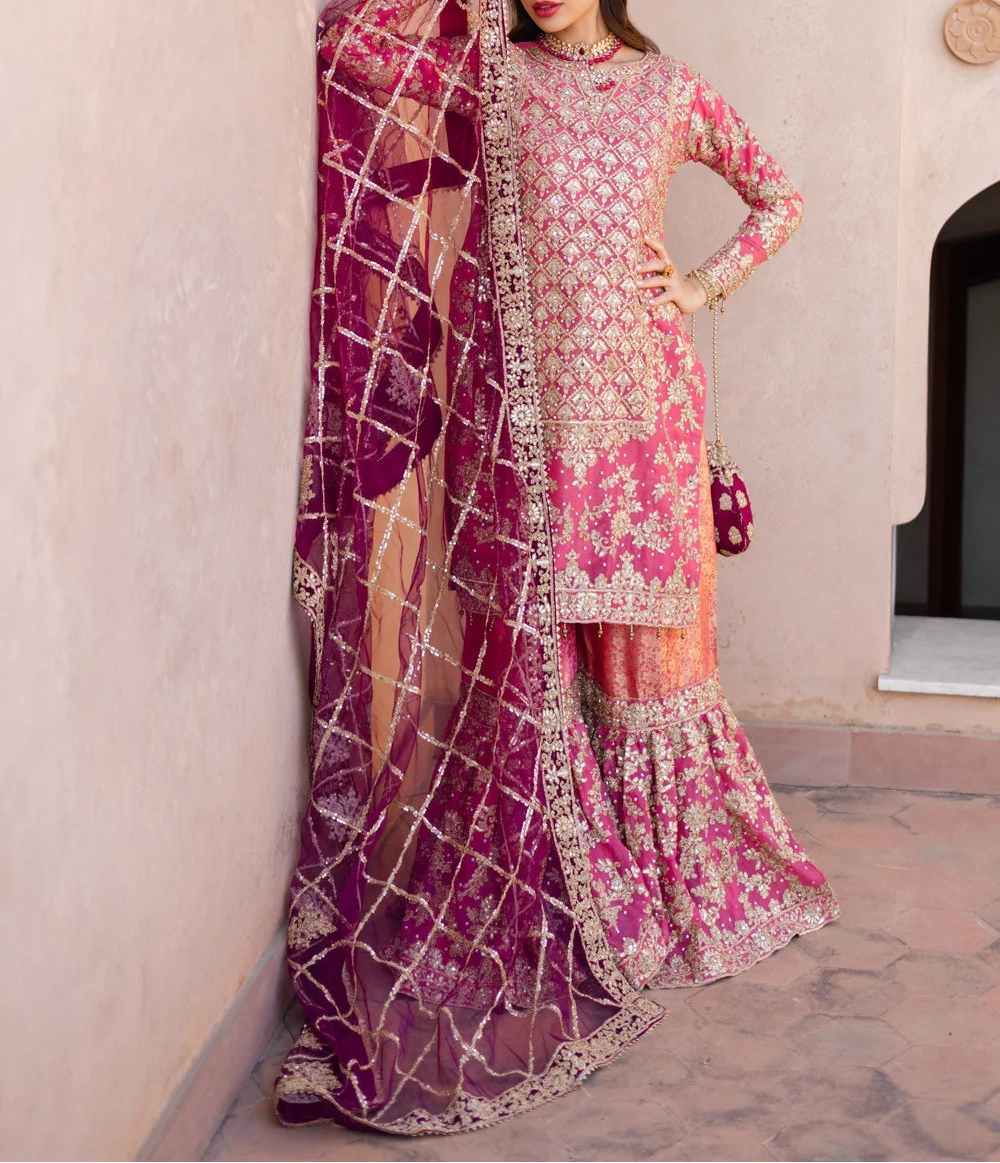 Haseens Formal Dress   Coral Pink Chiffon Flared Gharara Set (4 Piece)