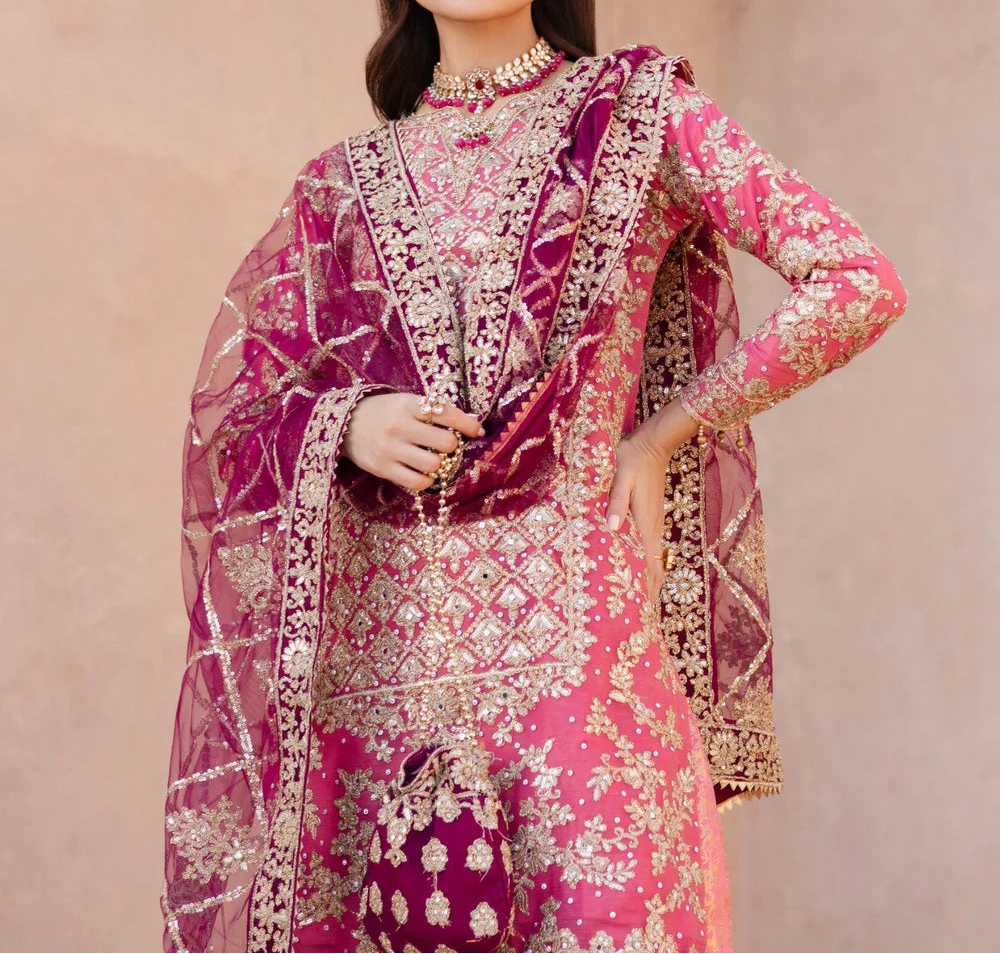 Haseens Formal Dress   Coral Pink Chiffon Flared Gharara Set (4 Piece)