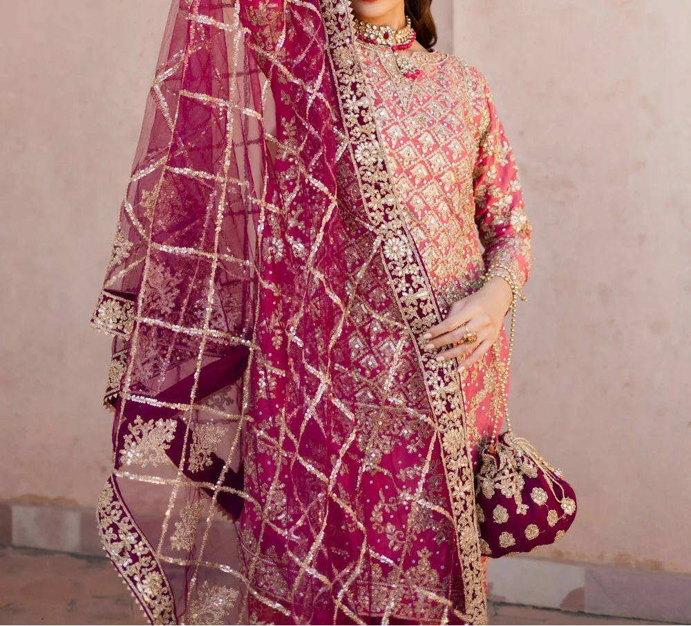 Haseens Formal Dress   Coral Pink Chiffon Flared Gharara Set (4 Piece)