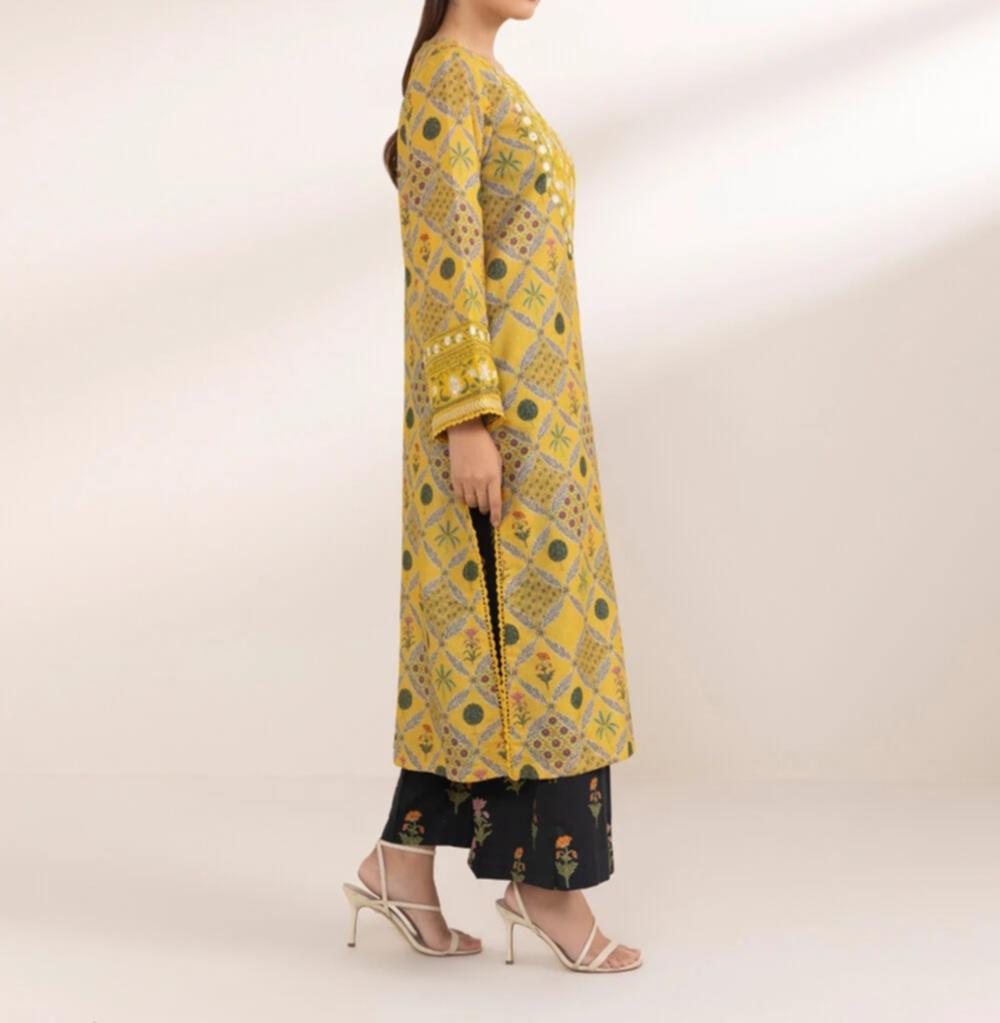 Sapphire Yellow Printed Fancy Cotton Shirt with Embroidered Front & Cambric Culottes – 2 Piece