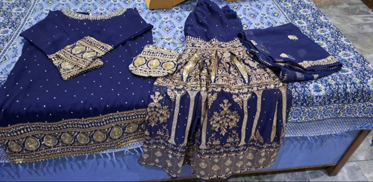 Luxury Dark Blue Chiffon Gharara Set with Organza Dupatta & Potli (4 Piece) by Haseens.