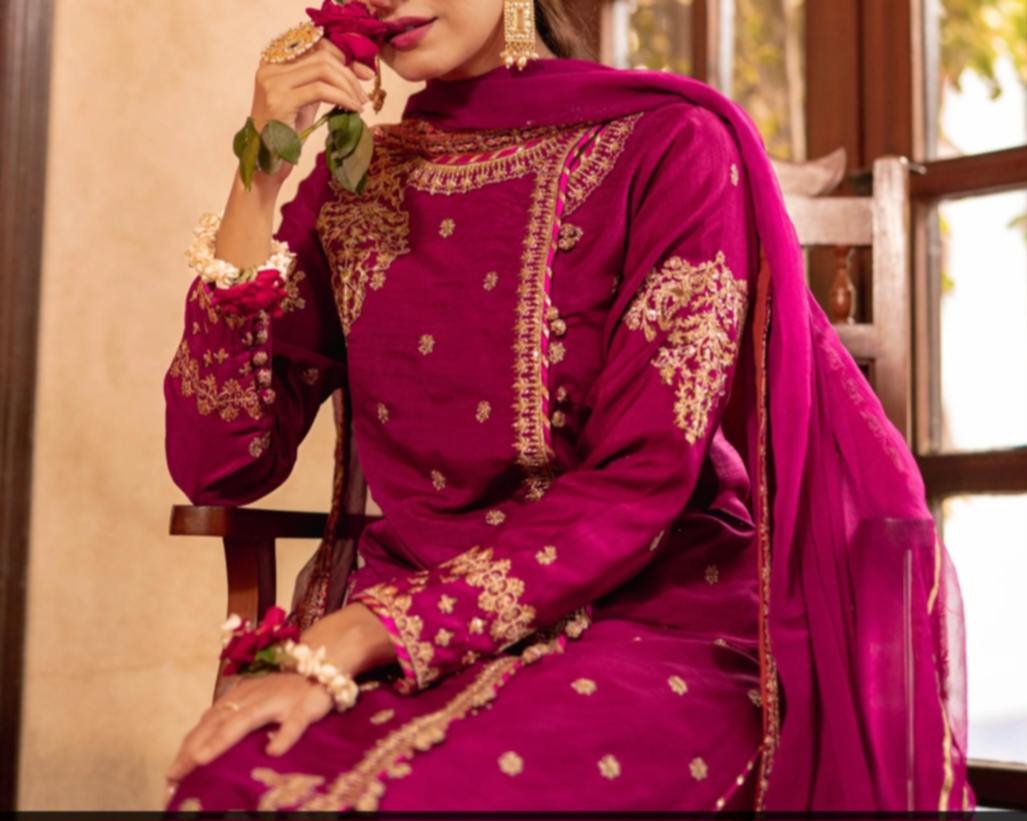 Semi Formal  Embroidered Khaddi Net 3 Piece Dress | Omal by Komal