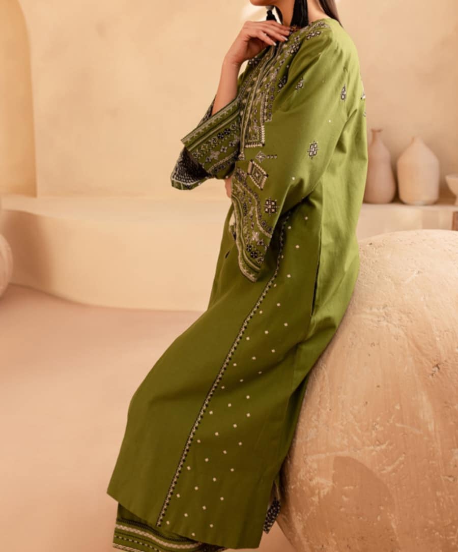 Batik Green Khaddar Embroidered 2-Piece Dress