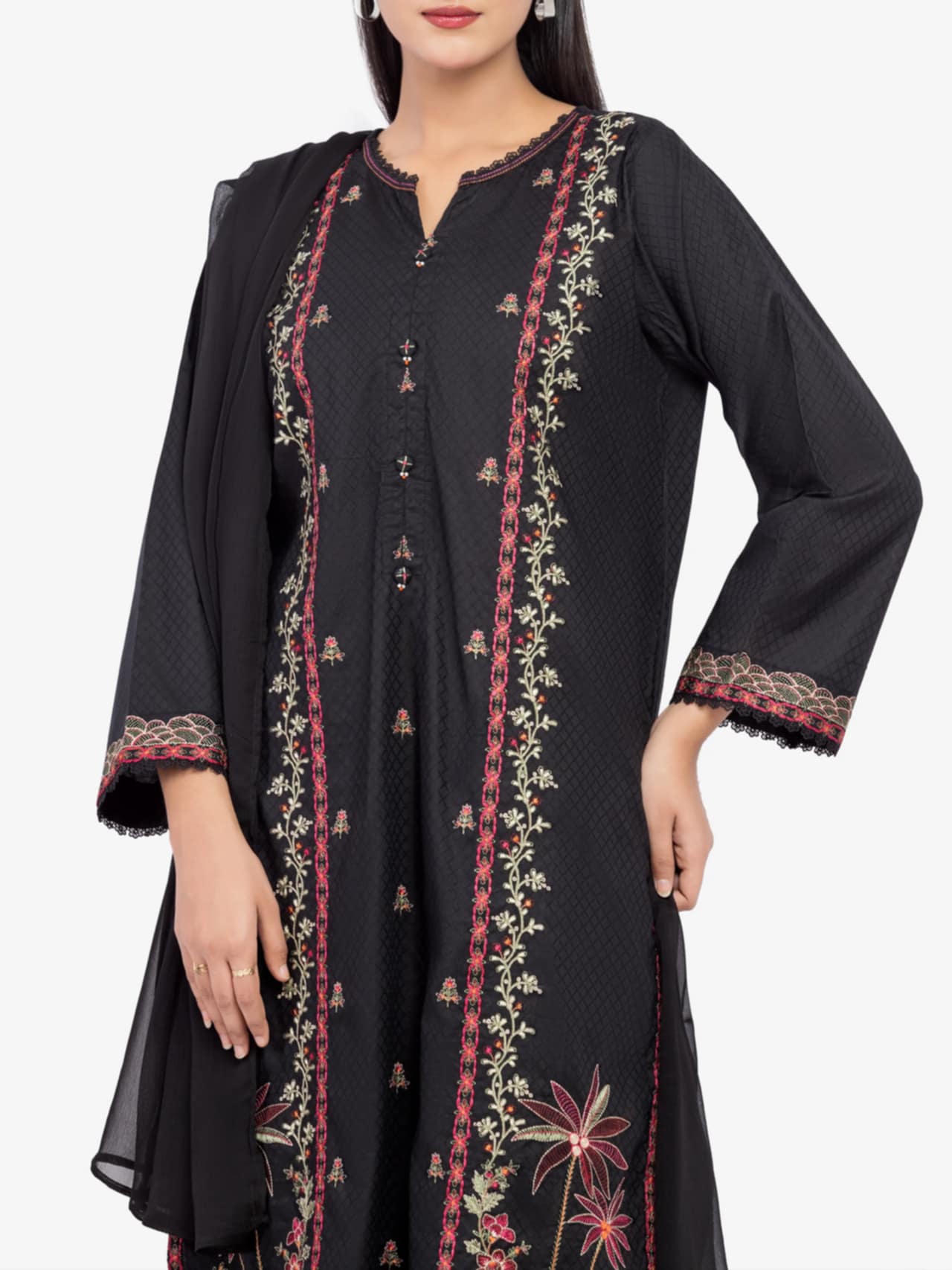 Edenrobe Black Embroidered 3-Piece Dobby Suit