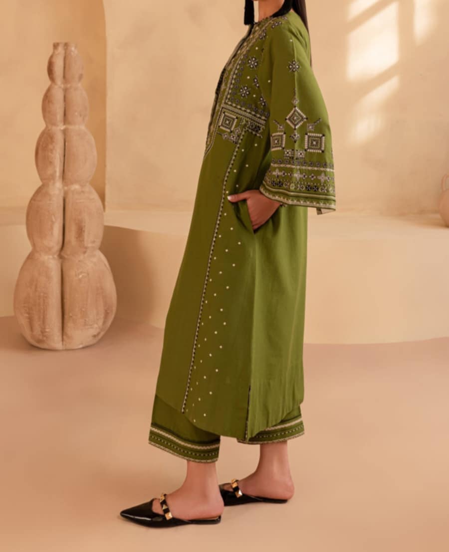 Batik Green Khaddar Embroidered 2-Piece Dress