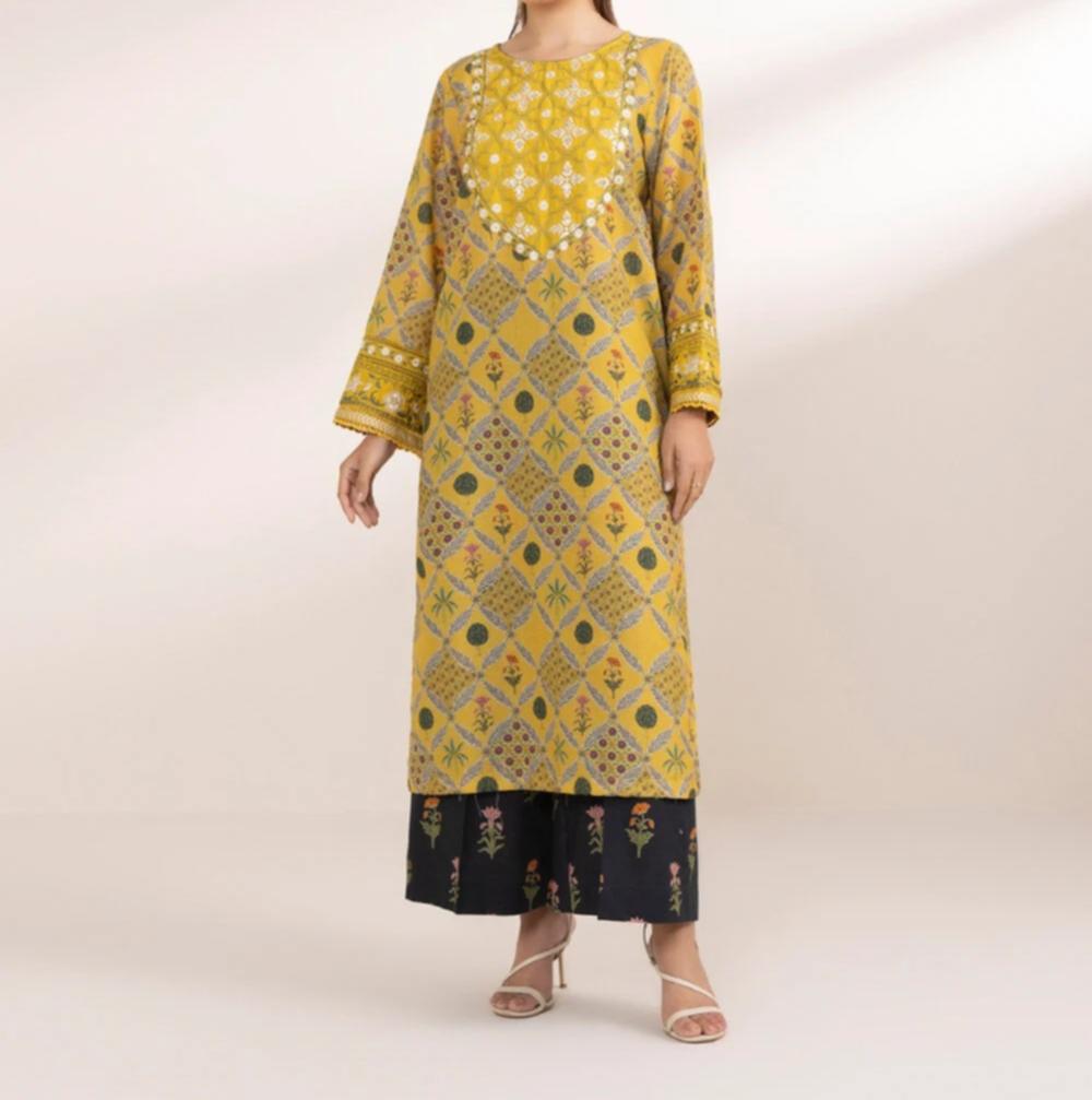 Sapphire Yellow Printed Fancy Cotton Shirt with Embroidered Front & Cambric Culottes – 2 Piece