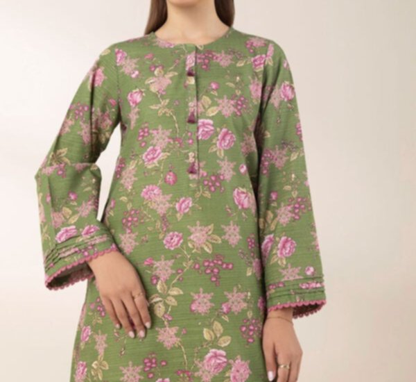 Green Floral Printed Khaddar Shirt – Straight Long Kurta