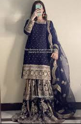 Luxury Dark Blue Chiffon Gharara Set with Organza Dupatta & Potli (4 Piece) by Haseens.